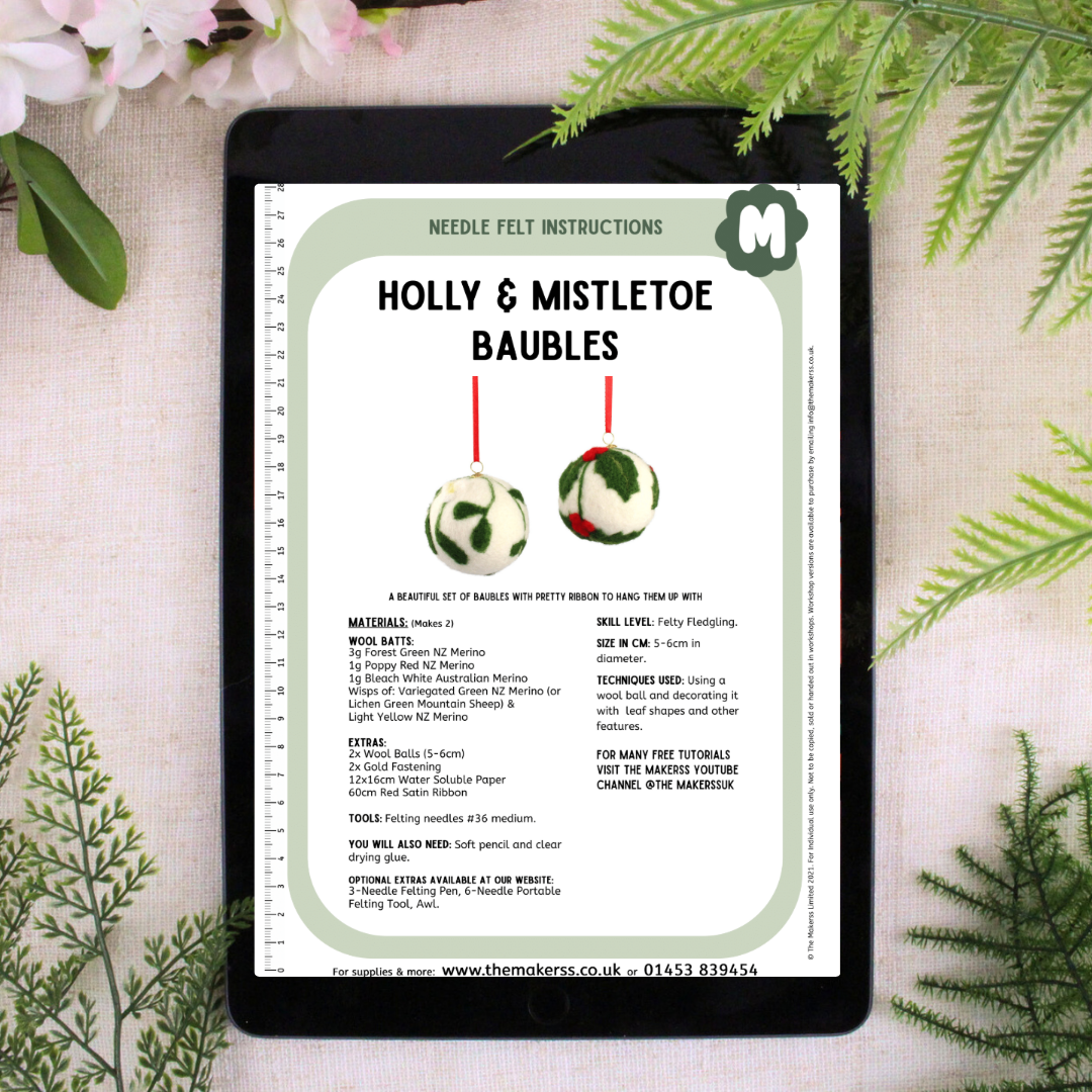 Holly and Mistletoe Bauble Small Needle Felt Kit - makes 2 - The Makerss
