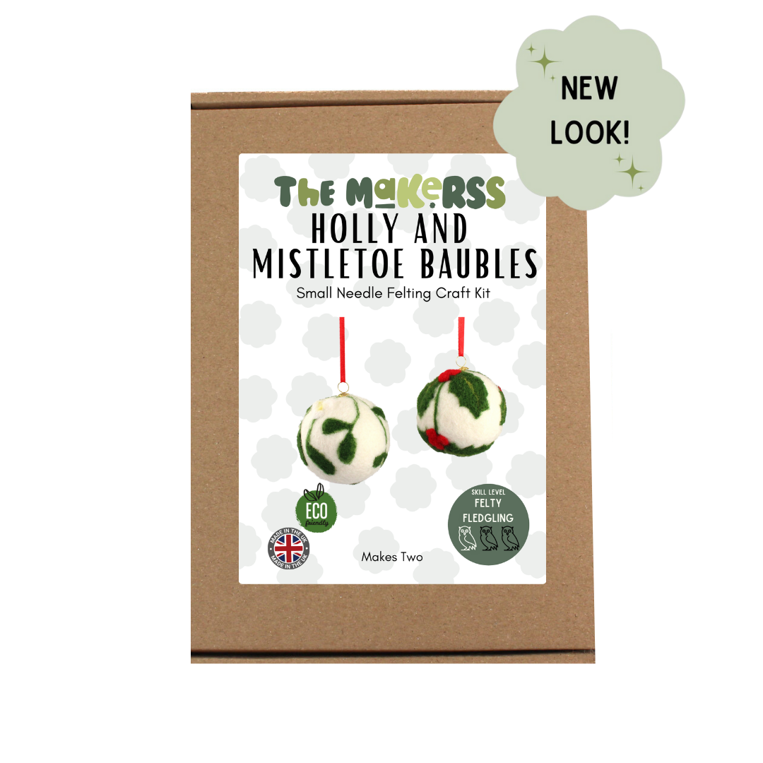 Holly and Mistletoe Bauble Small Needle Felt Kit - makes 2 - The Makerss