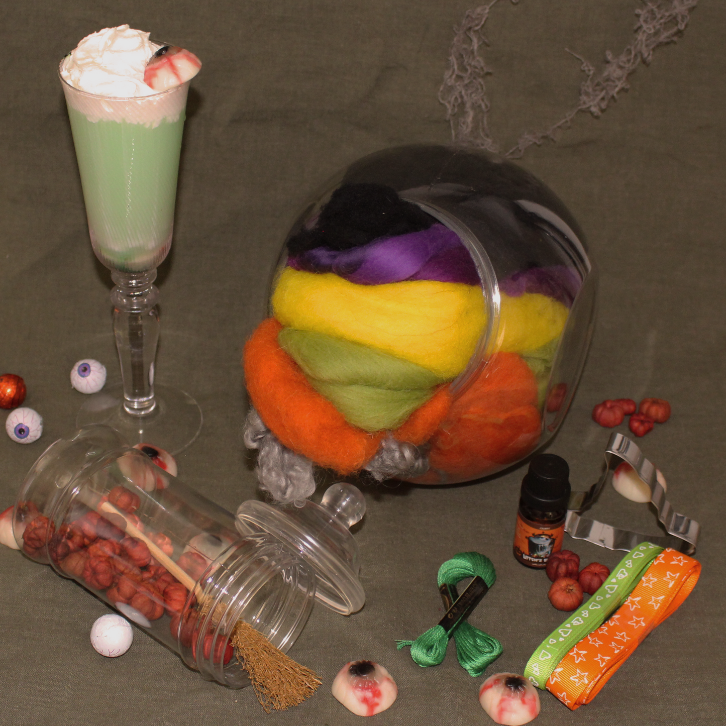 Witches Brew - Wool and Fibre Mix in Sweetie Jar with essential oil bottle & accessories