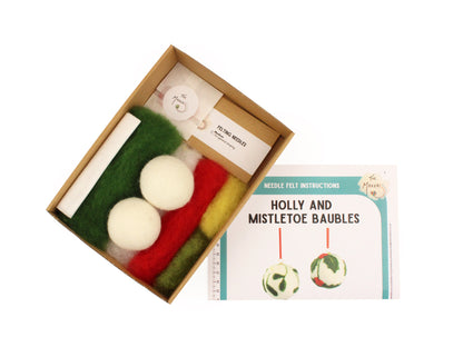 Holly and Mistletoe Bauble Small Needle Felt Kit - makes 2 - The Makerss