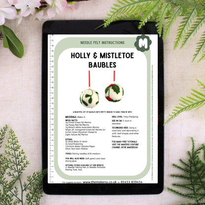 Holly and Mistletoe Bauble Small Needle Felt Kit - makes 2 - The Makerss