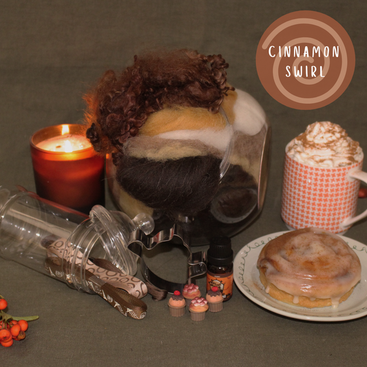 Cinnamon Swirl - Wool and Fibre Mix in Sweetie Jar with essential oil bottle & accessories