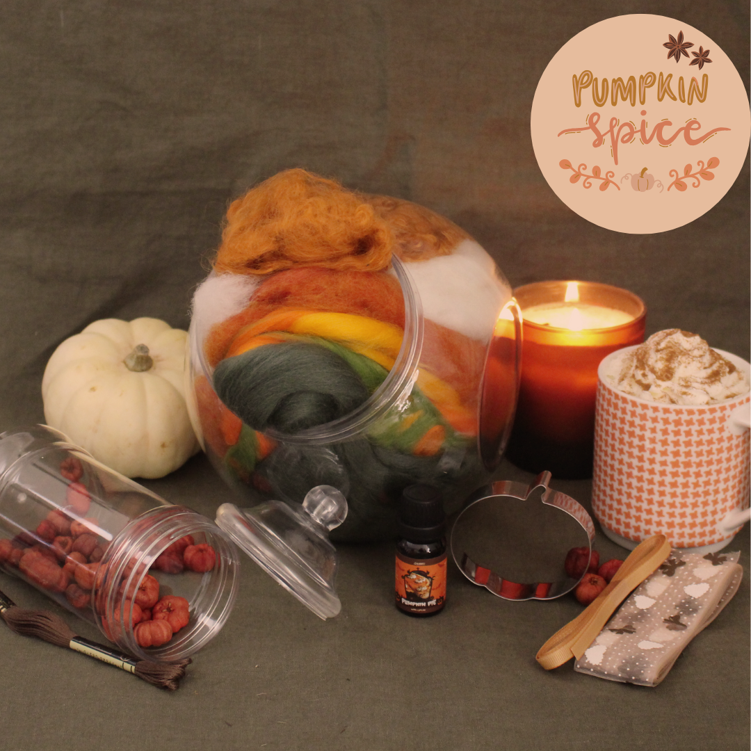 Pumpkin Spice - Wool and Fibre Mix in Sweetie Jar with essential oil bottle & accessories