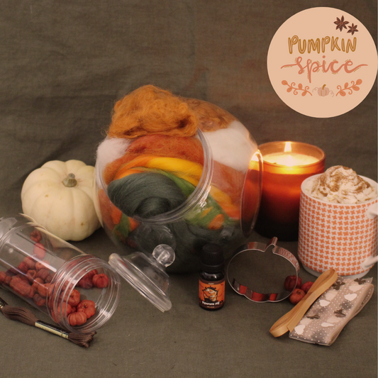 Pumpkin Spice - Wool and Fibre Mix in Sweetie Jar with essential oil bottle & accessories