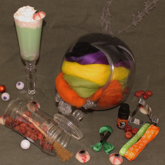Witches Brew - Wool and Fibre Mix in Sweetie Jar with essential oil bottle & accessories